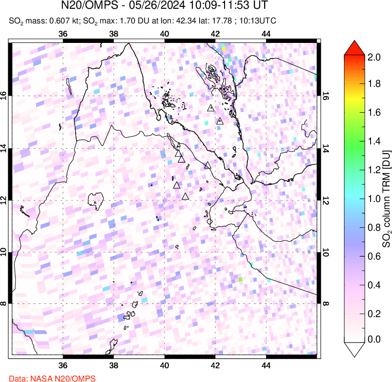 A sulfur dioxide image over Afar and southern Red Sea on May 26, 2024.