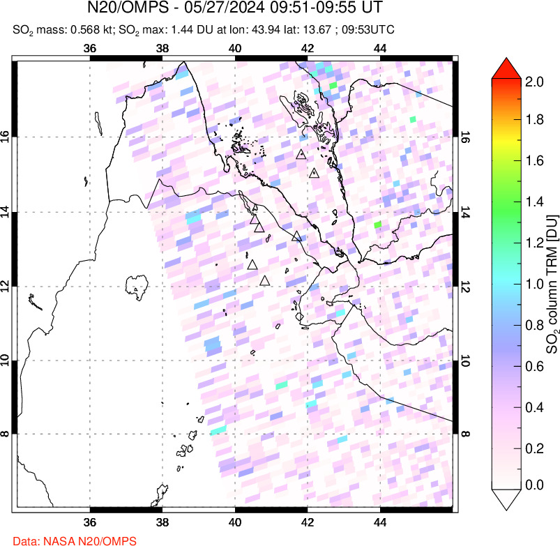 A sulfur dioxide image over Afar and southern Red Sea on May 27, 2024.
