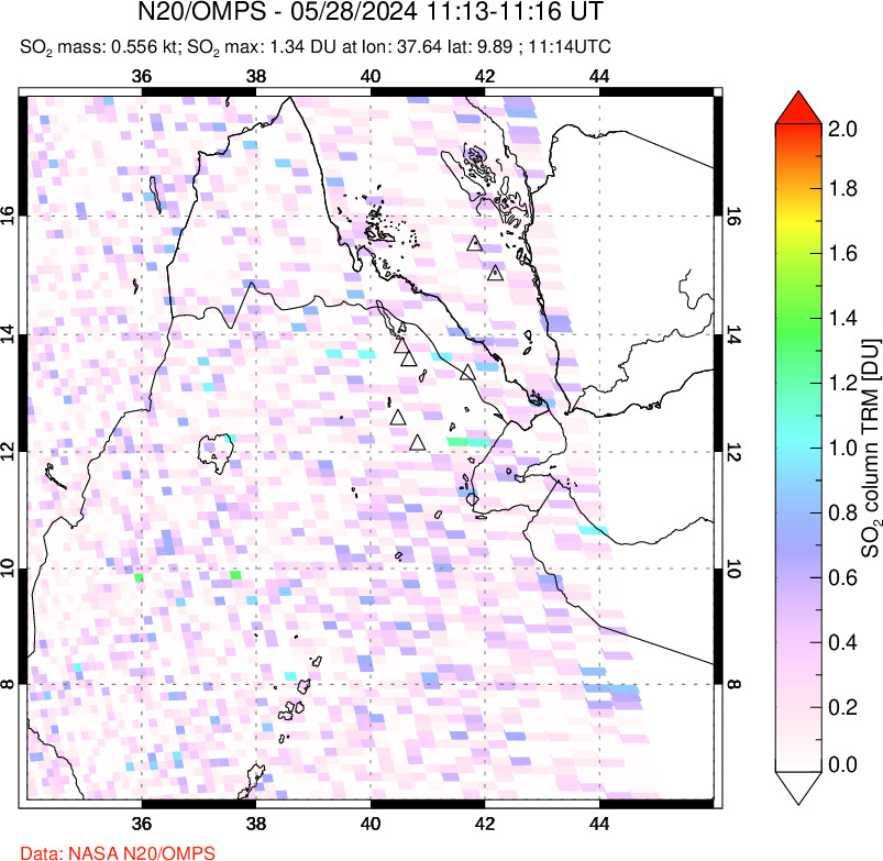 A sulfur dioxide image over Afar and southern Red Sea on May 28, 2024.