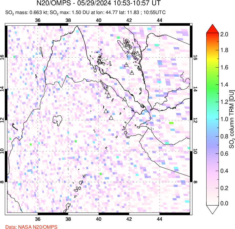 A sulfur dioxide image over Afar and southern Red Sea on May 29, 2024.