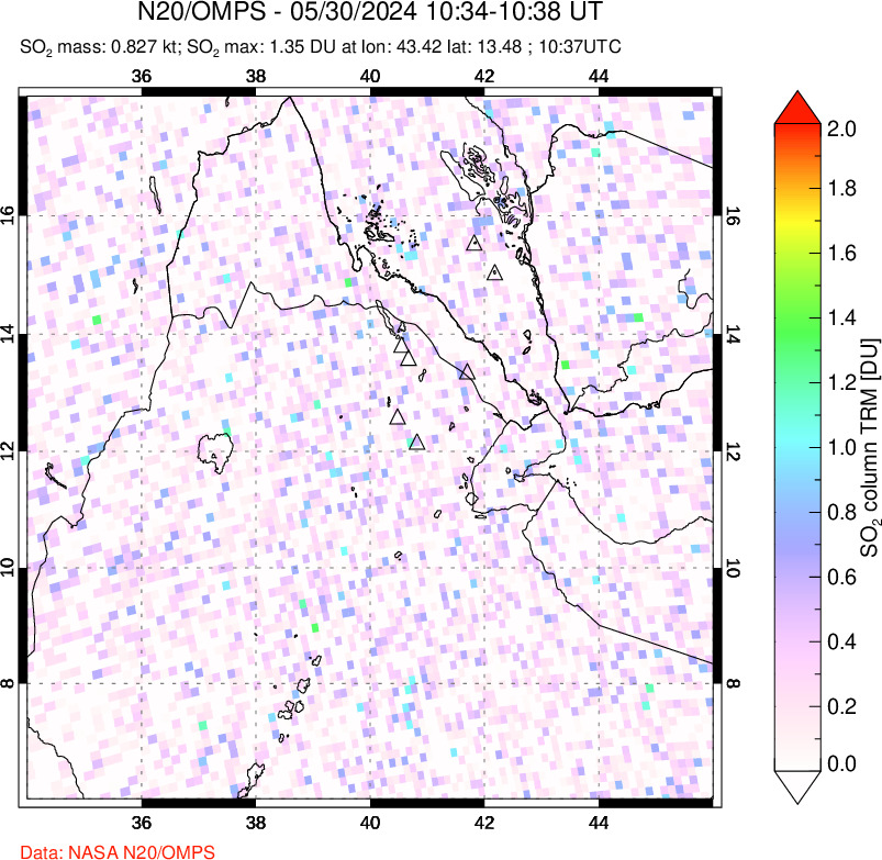 A sulfur dioxide image over Afar and southern Red Sea on May 30, 2024.