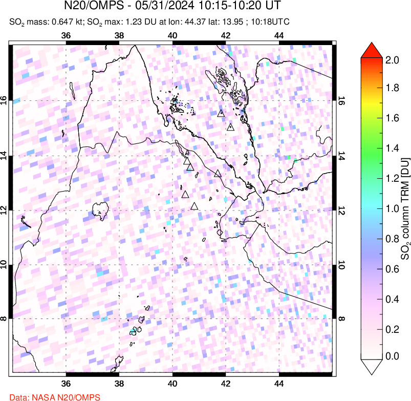 A sulfur dioxide image over Afar and southern Red Sea on May 31, 2024.