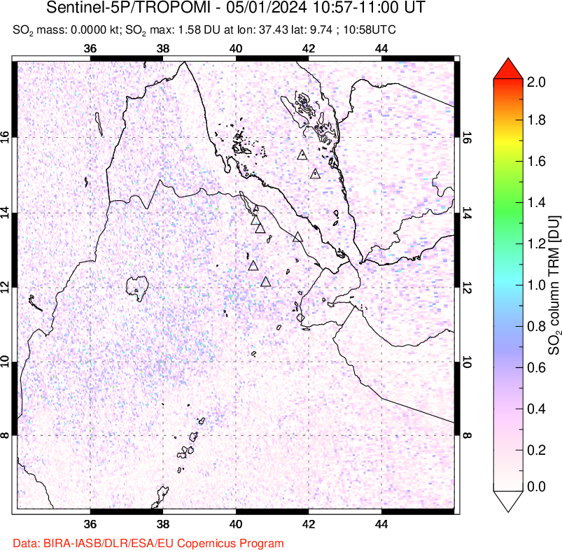 A sulfur dioxide image over Afar and southern Red Sea on May 01, 2024.