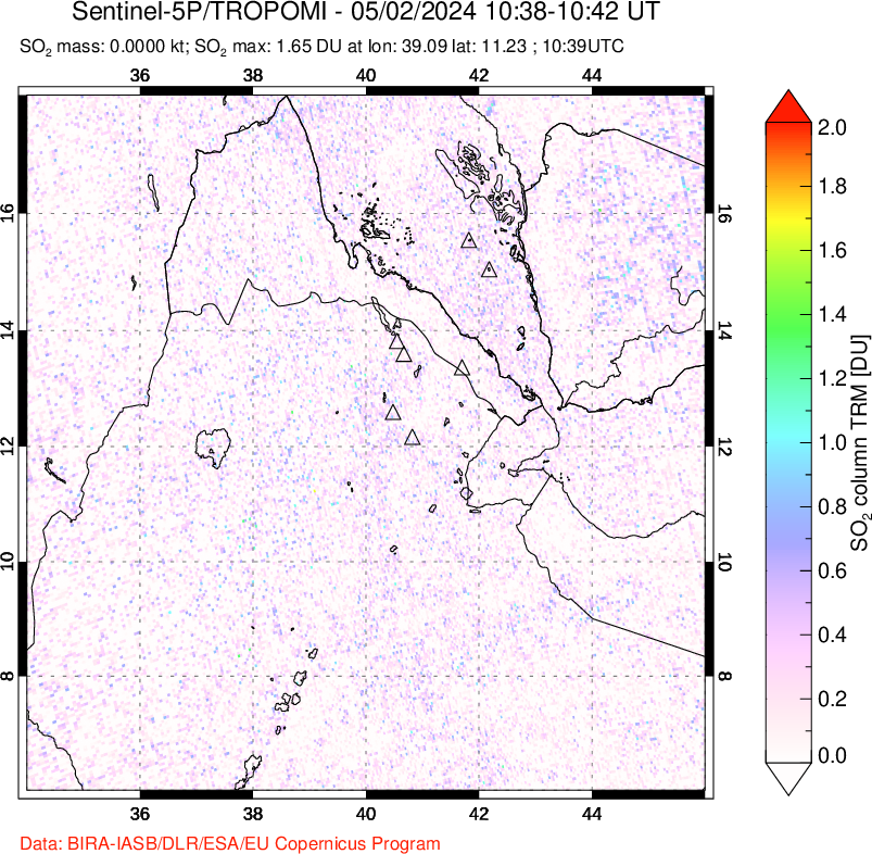 A sulfur dioxide image over Afar and southern Red Sea on May 02, 2024.