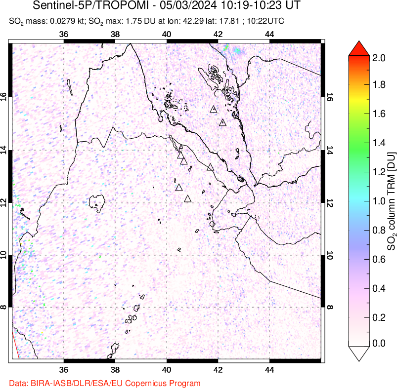 A sulfur dioxide image over Afar and southern Red Sea on May 03, 2024.