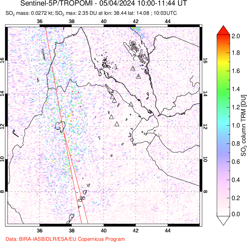 A sulfur dioxide image over Afar and southern Red Sea on May 04, 2024.