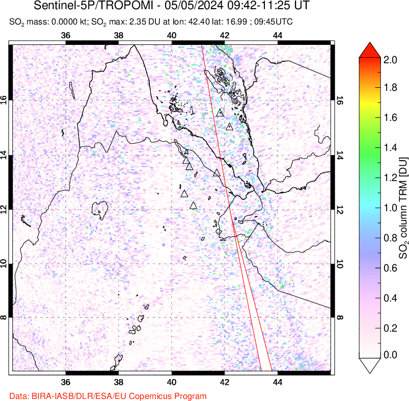 A sulfur dioxide image over Afar and southern Red Sea on May 05, 2024.