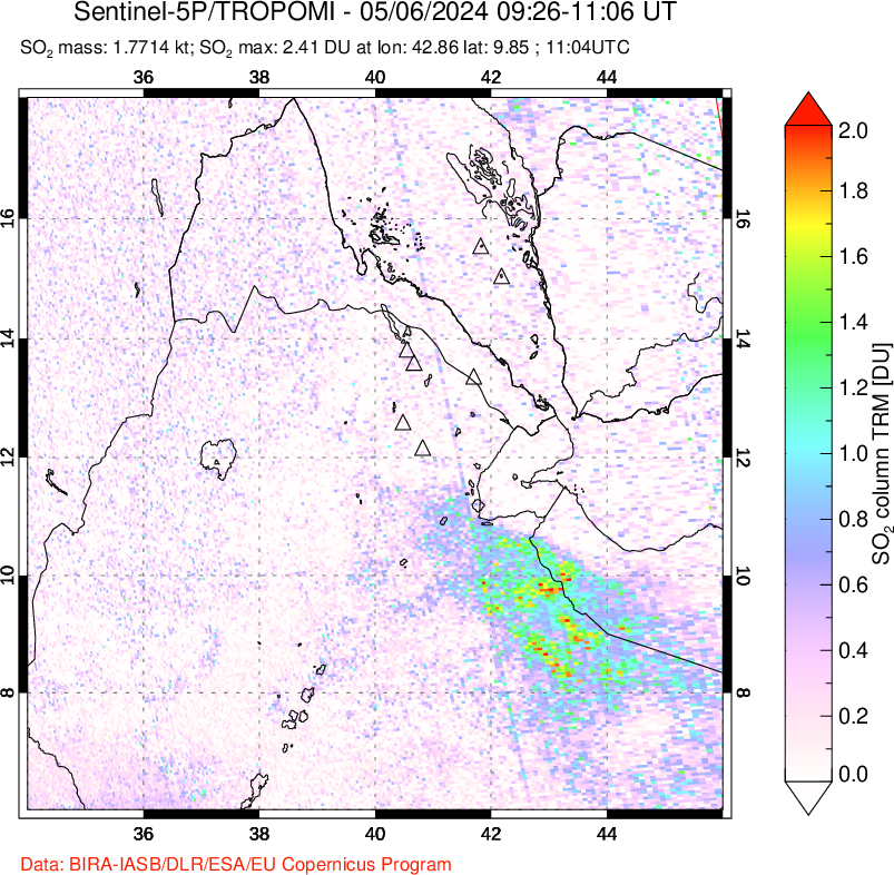 A sulfur dioxide image over Afar and southern Red Sea on May 06, 2024.