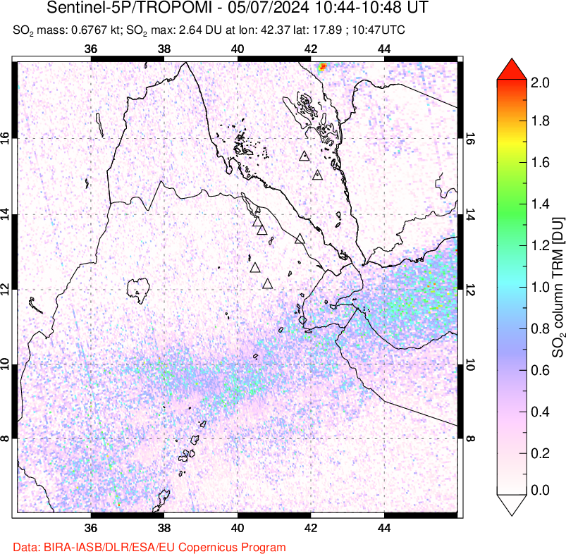 A sulfur dioxide image over Afar and southern Red Sea on May 07, 2024.