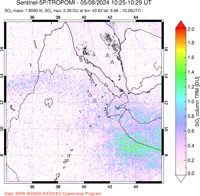 A sulfur dioxide image over Afar and southern Red Sea on May 08, 2024.