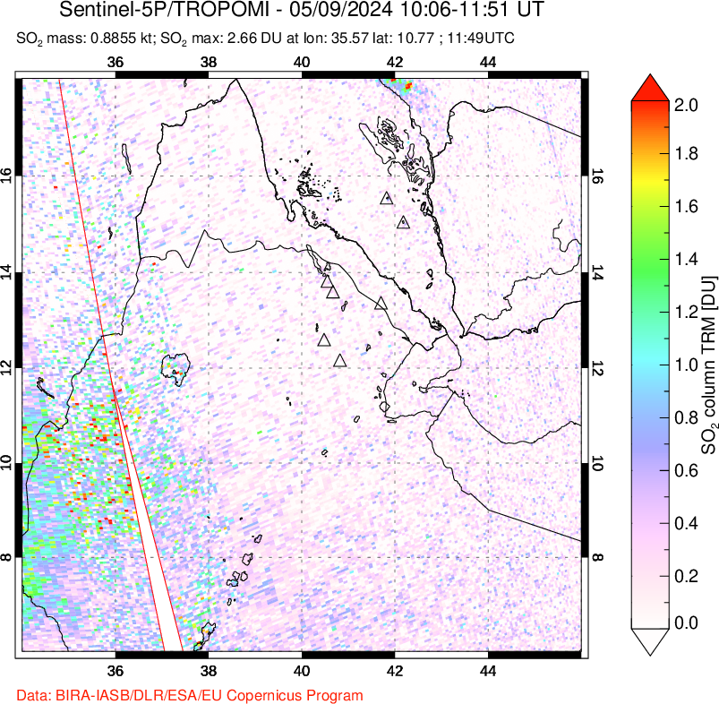 A sulfur dioxide image over Afar and southern Red Sea on May 09, 2024.