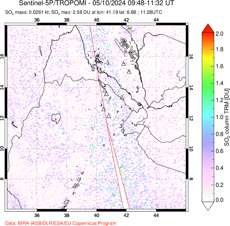 A sulfur dioxide image over Afar and southern Red Sea on May 10, 2024.