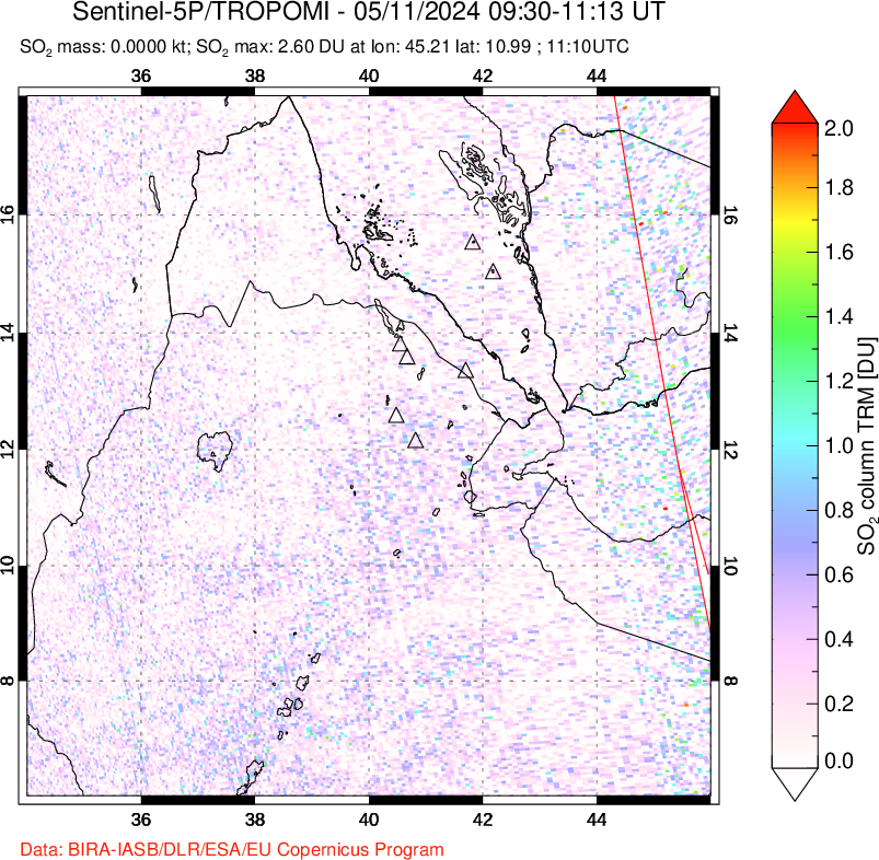 A sulfur dioxide image over Afar and southern Red Sea on May 11, 2024.