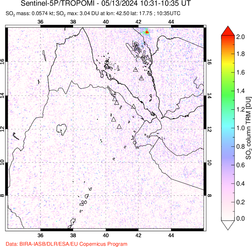 A sulfur dioxide image over Afar and southern Red Sea on May 13, 2024.