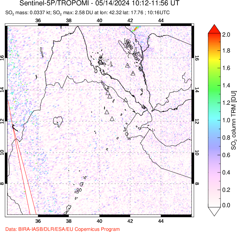 A sulfur dioxide image over Afar and southern Red Sea on May 14, 2024.