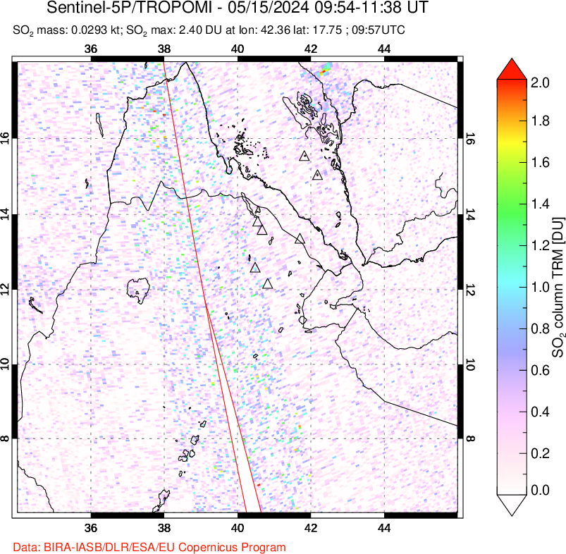 A sulfur dioxide image over Afar and southern Red Sea on May 15, 2024.