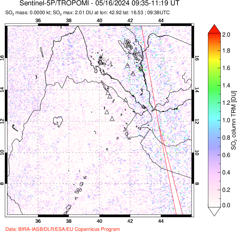 A sulfur dioxide image over Afar and southern Red Sea on May 16, 2024.