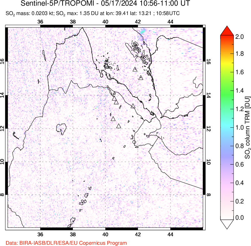 A sulfur dioxide image over Afar and southern Red Sea on May 17, 2024.