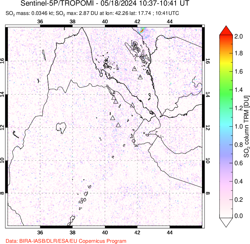 A sulfur dioxide image over Afar and southern Red Sea on May 18, 2024.