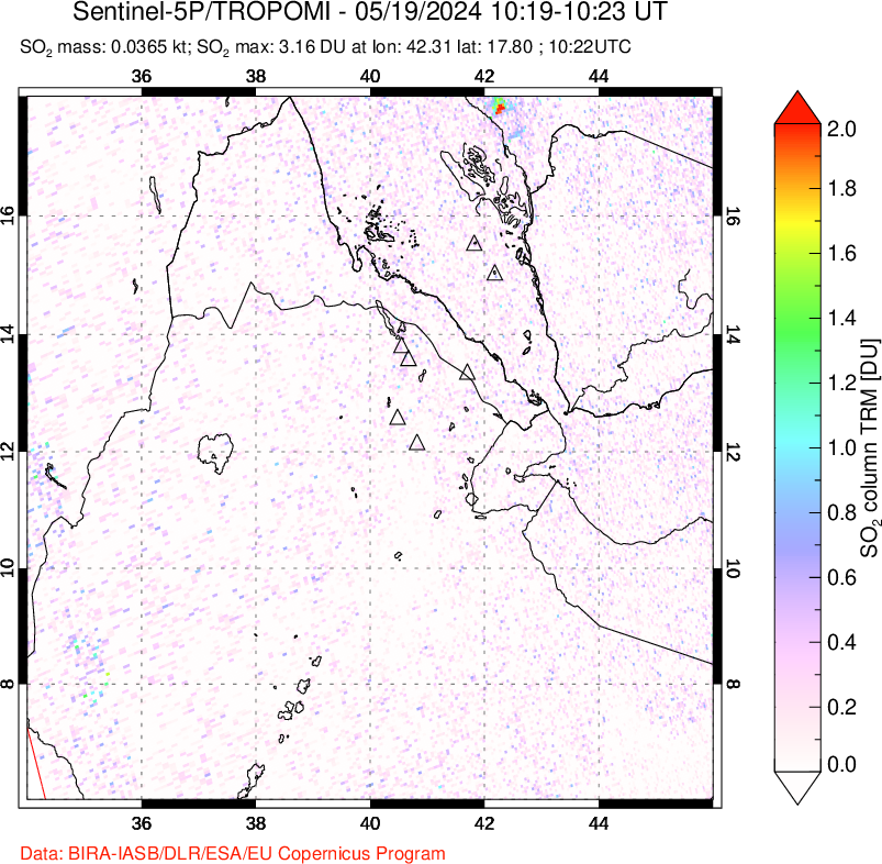 A sulfur dioxide image over Afar and southern Red Sea on May 19, 2024.