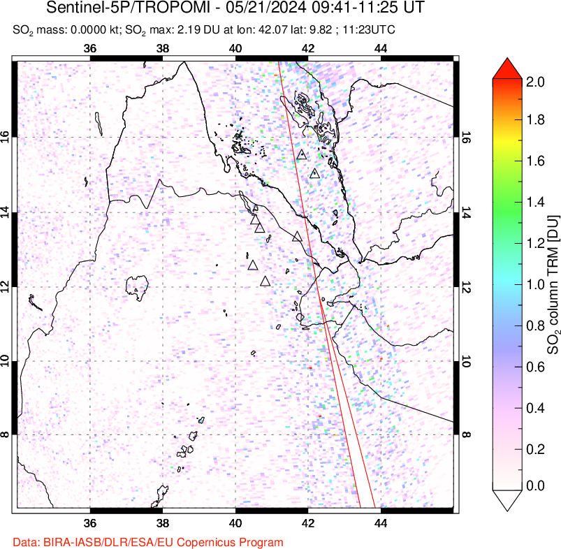 A sulfur dioxide image over Afar and southern Red Sea on May 21, 2024.