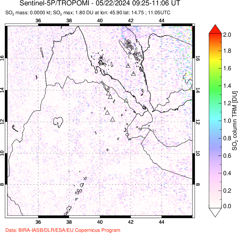 A sulfur dioxide image over Afar and southern Red Sea on May 22, 2024.