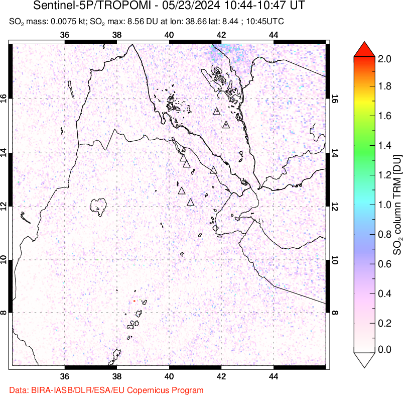 A sulfur dioxide image over Afar and southern Red Sea on May 23, 2024.