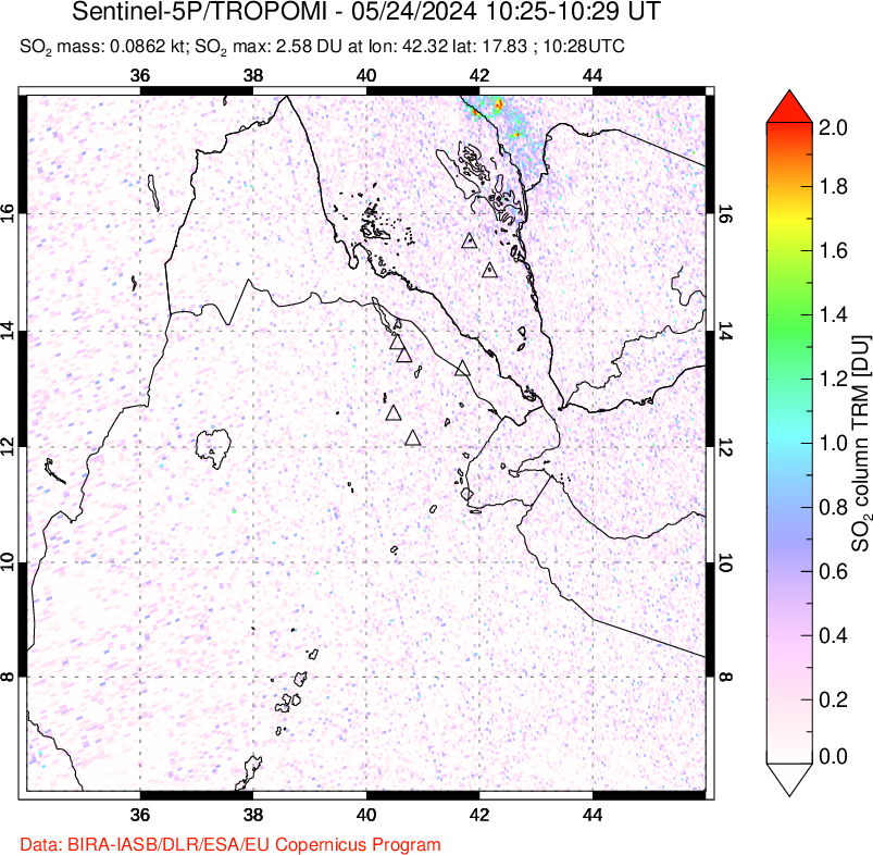 A sulfur dioxide image over Afar and southern Red Sea on May 24, 2024.