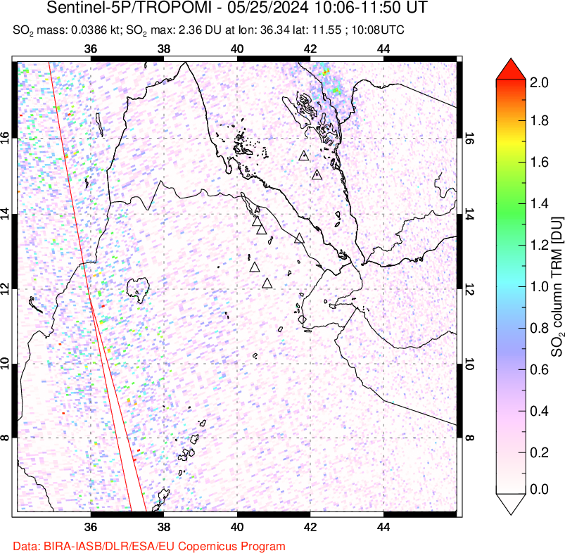 A sulfur dioxide image over Afar and southern Red Sea on May 25, 2024.