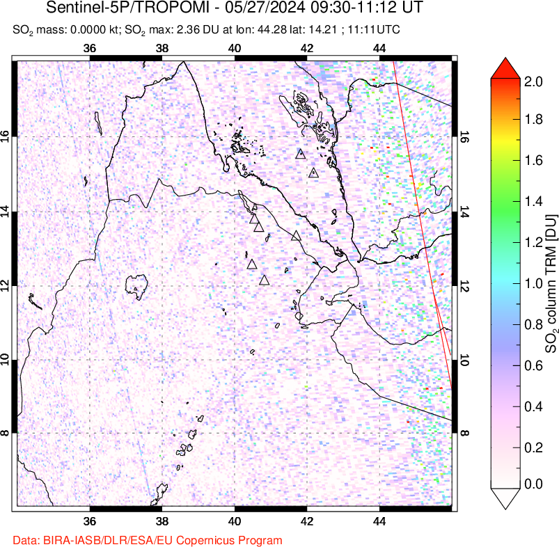 A sulfur dioxide image over Afar and southern Red Sea on May 27, 2024.