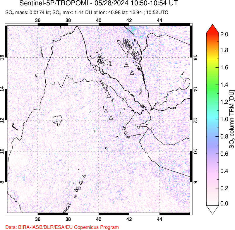 A sulfur dioxide image over Afar and southern Red Sea on May 28, 2024.