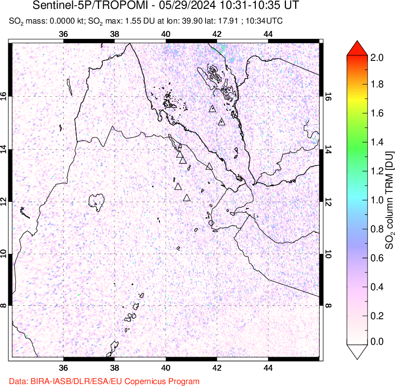 A sulfur dioxide image over Afar and southern Red Sea on May 29, 2024.