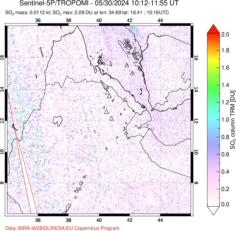 A sulfur dioxide image over Afar and southern Red Sea on May 30, 2024.