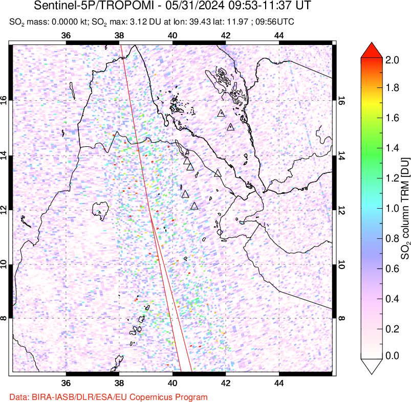 A sulfur dioxide image over Afar and southern Red Sea on May 31, 2024.