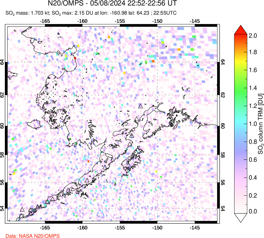 A sulfur dioxide image over Alaska, USA on May 08, 2024.