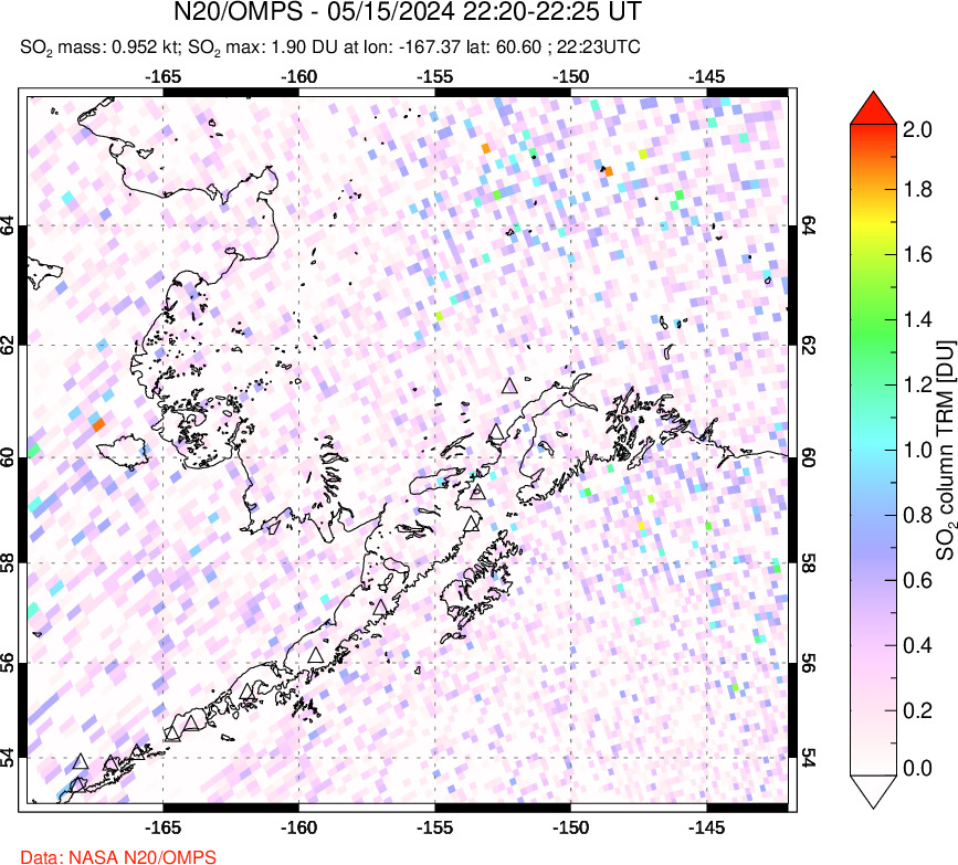 A sulfur dioxide image over Alaska, USA on May 15, 2024.