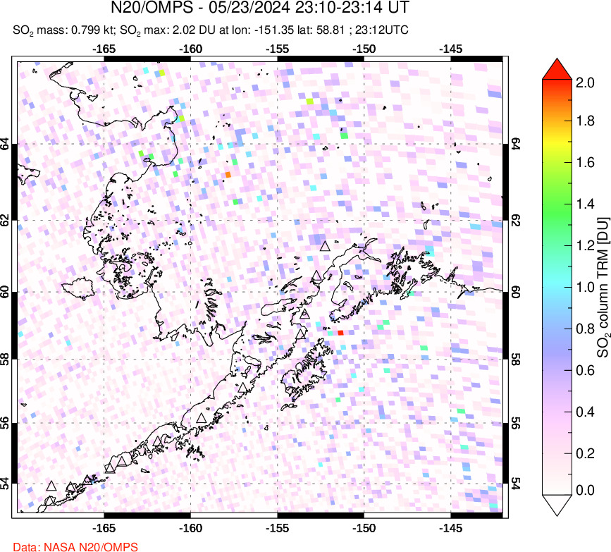 A sulfur dioxide image over Alaska, USA on May 23, 2024.