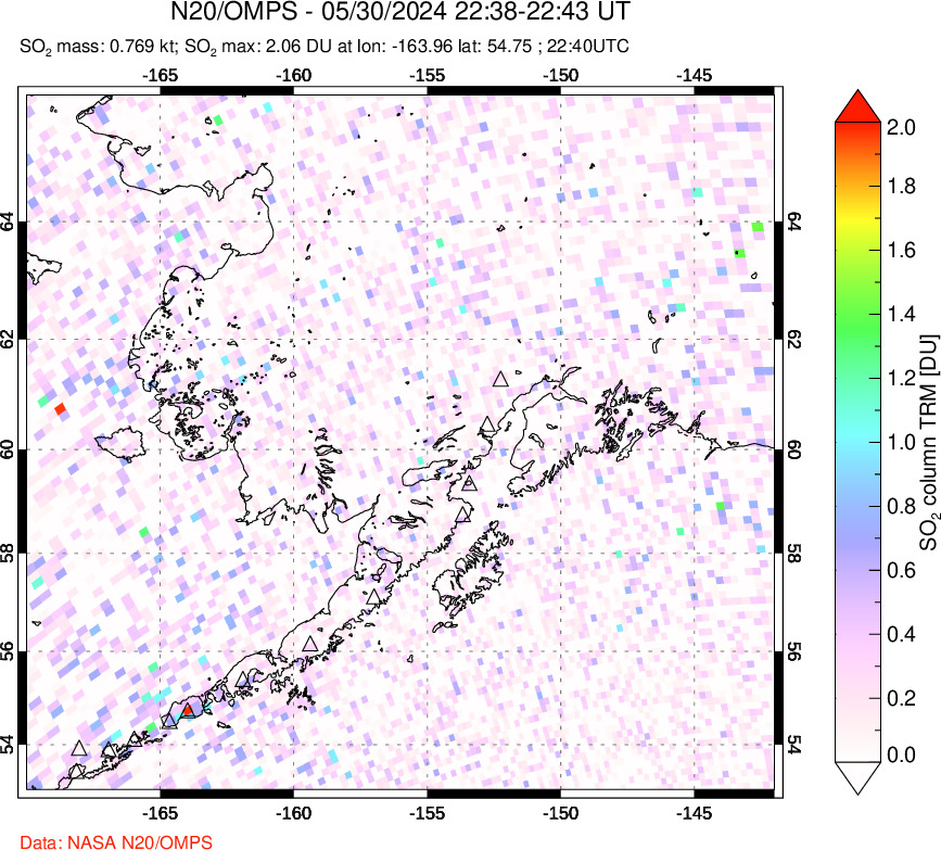 A sulfur dioxide image over Alaska, USA on May 30, 2024.