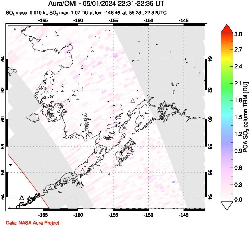 A sulfur dioxide image over Alaska, USA on May 01, 2024.