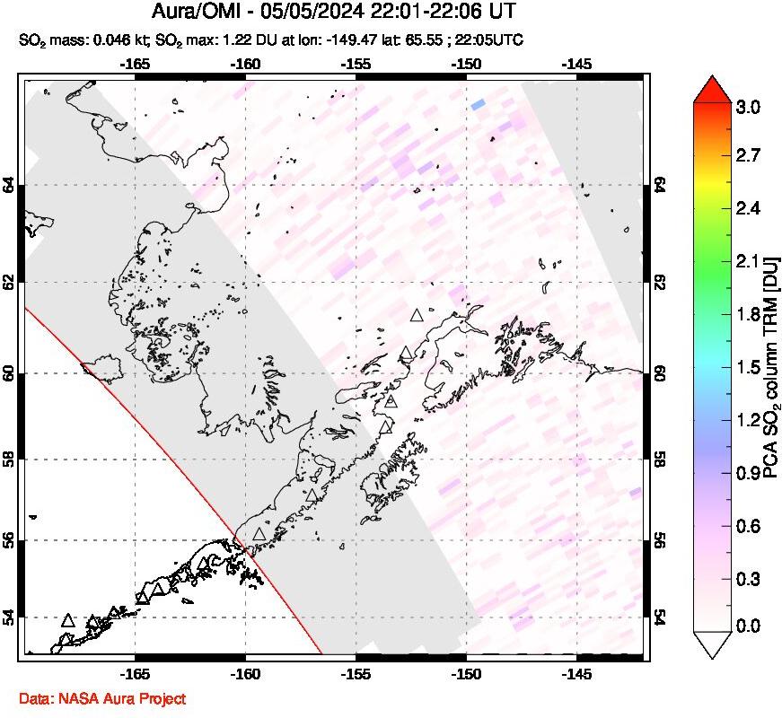 A sulfur dioxide image over Alaska, USA on May 05, 2024.