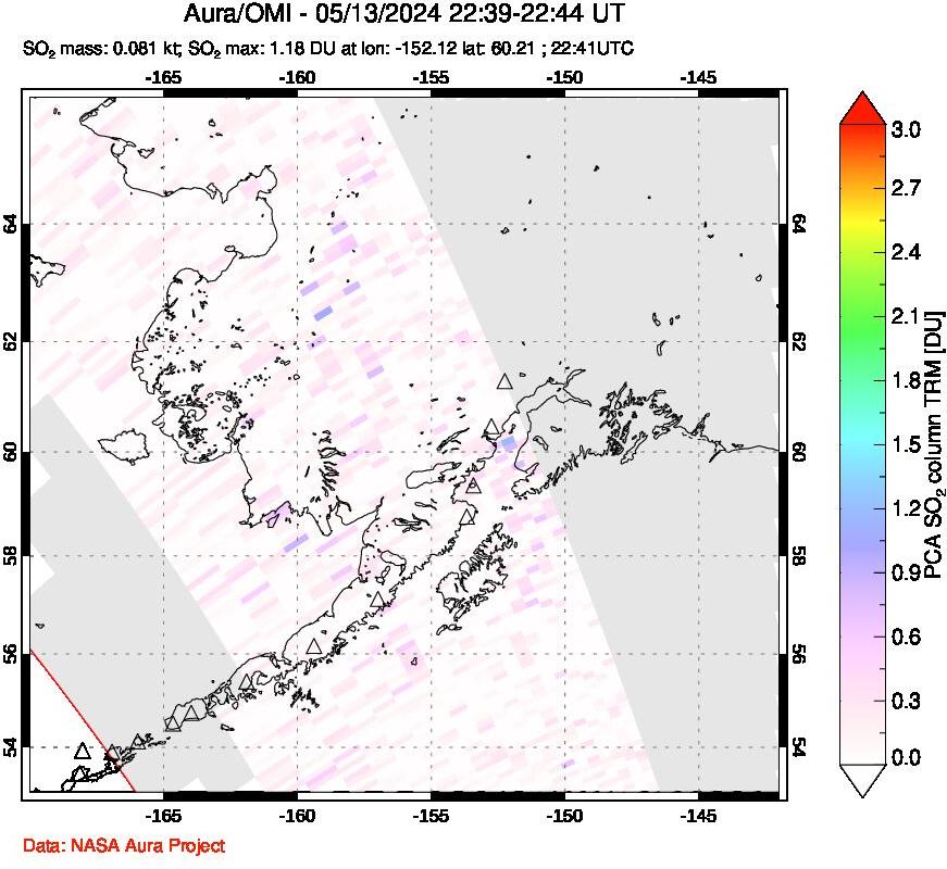 A sulfur dioxide image over Alaska, USA on May 13, 2024.