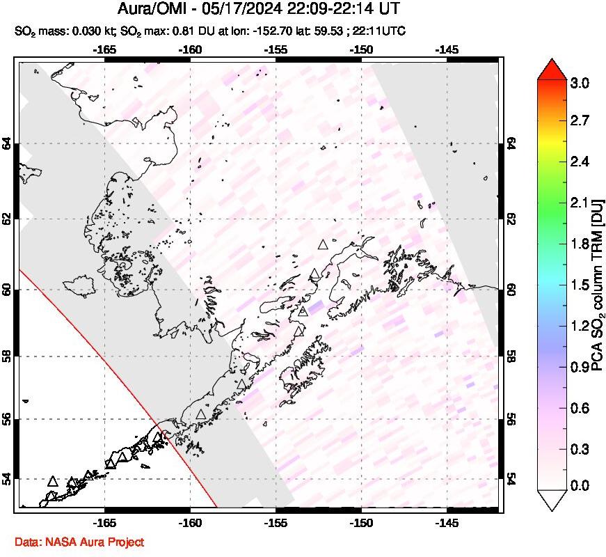 A sulfur dioxide image over Alaska, USA on May 17, 2024.