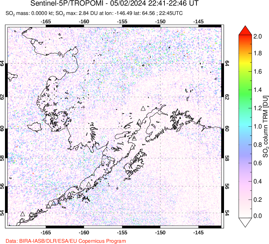 A sulfur dioxide image over Alaska, USA on May 02, 2024.