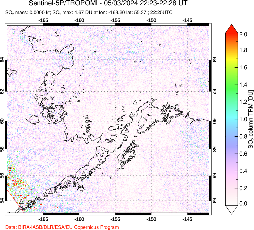 A sulfur dioxide image over Alaska, USA on May 03, 2024.