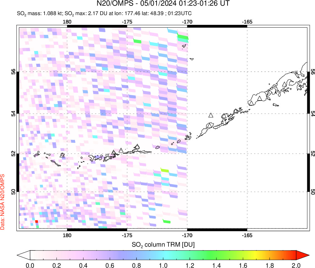 A sulfur dioxide image over Aleutian Islands, Alaska, USA on May 01, 2024.