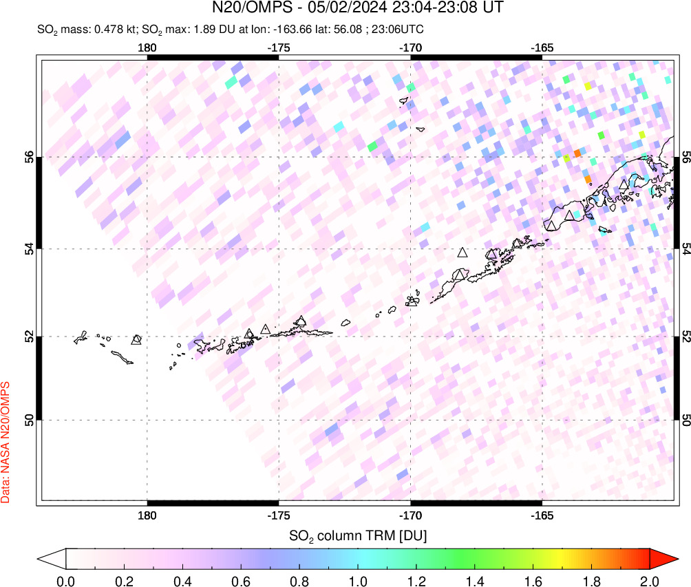 A sulfur dioxide image over Aleutian Islands, Alaska, USA on May 02, 2024.