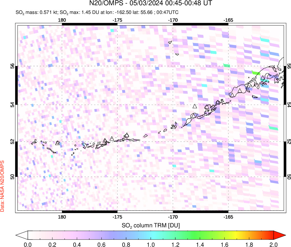 A sulfur dioxide image over Aleutian Islands, Alaska, USA on May 03, 2024.