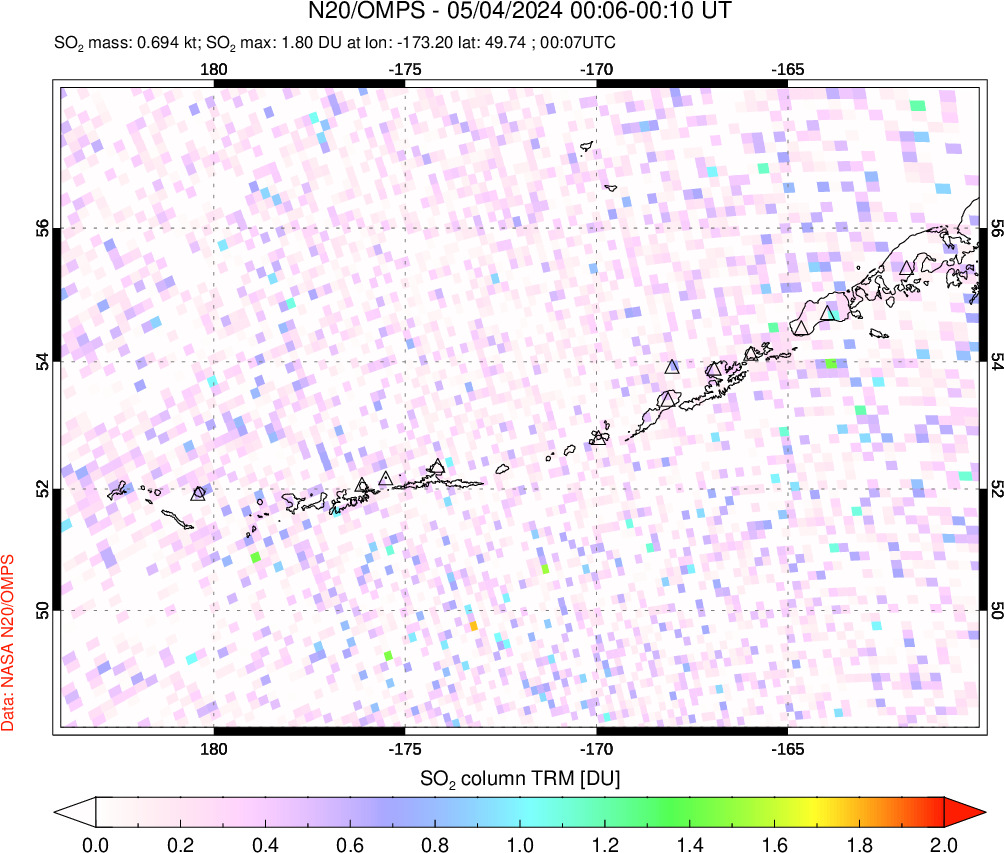 A sulfur dioxide image over Aleutian Islands, Alaska, USA on May 04, 2024.