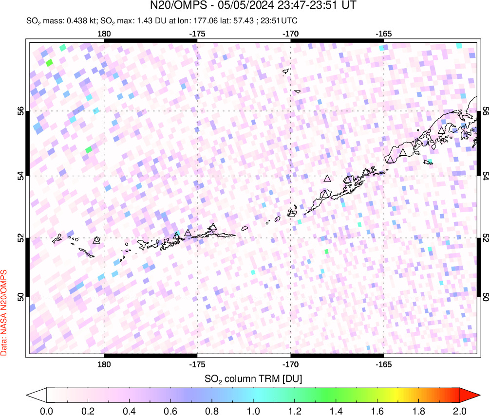 A sulfur dioxide image over Aleutian Islands, Alaska, USA on May 05, 2024.