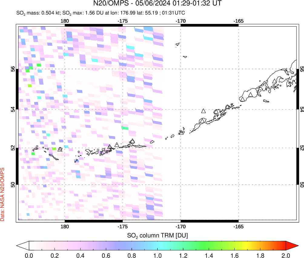 A sulfur dioxide image over Aleutian Islands, Alaska, USA on May 06, 2024.